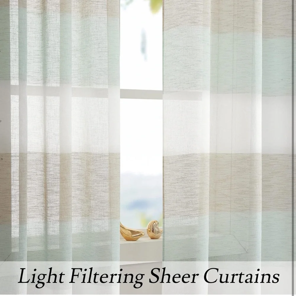 Spa Blue and Tan Stripe Sheer Curtains Coastal Color Block 40